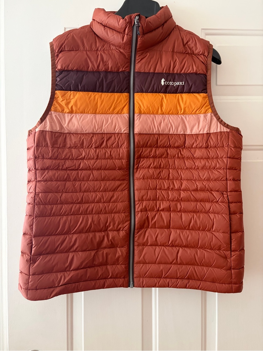 cotopaxi Rust Quilted Puffer Vest with Colorblock Chest Stripes